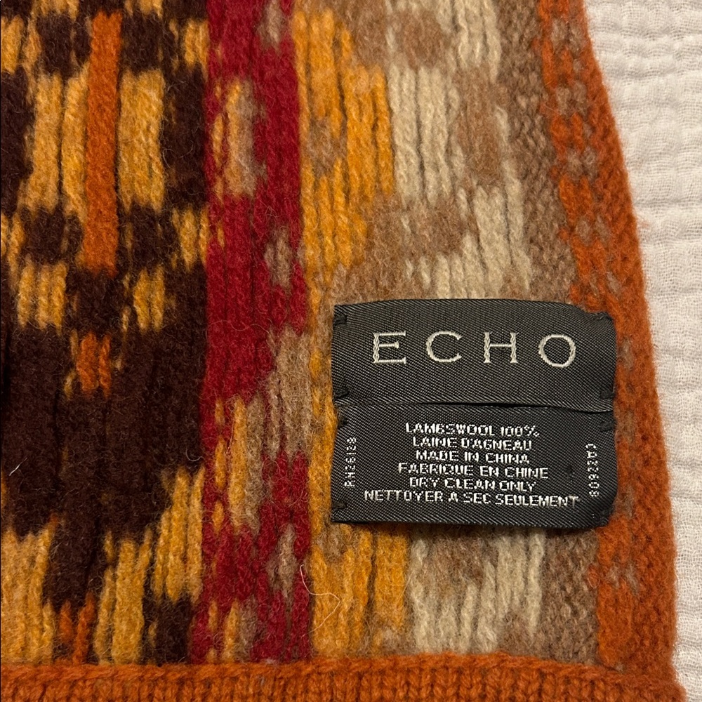 Echo Women’s Brown & Orange Knit Scarf 100% LambsWool Preppy Goblin Core Earthy - Picture 2 of 7